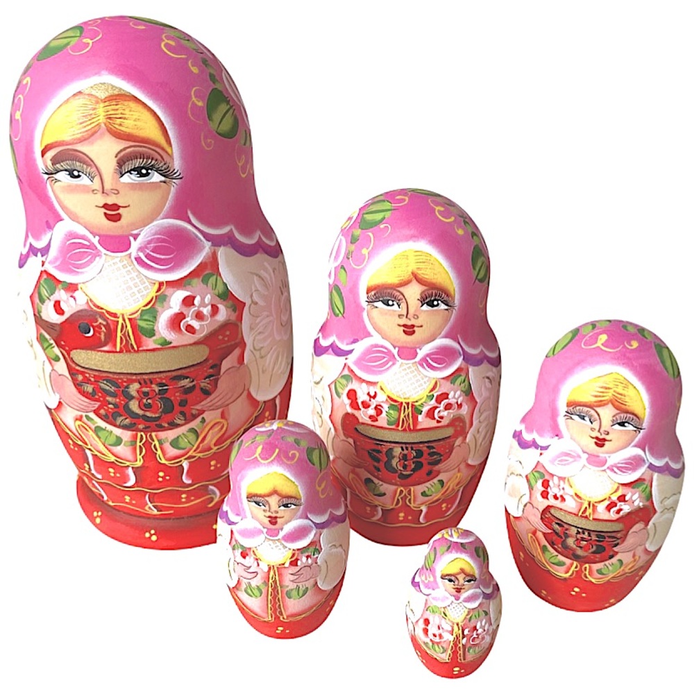 Hand Painted Barbuska Wooden Doll, 5 sizes, Pink and Red